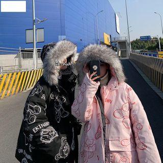 Couple Matching Hooded Cartoon Print Padded Zip Jacket