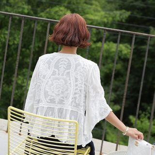 Bell-sleeve Flower-embroidered Cardigan Ivory - One Size