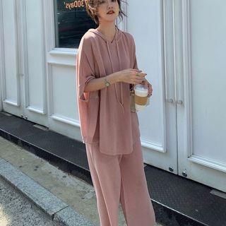 Set: Hooded Short-sleeve Top + Crop Wide Leg Pants