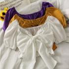 Boatneck Ribbon-back Smocked Crop Top