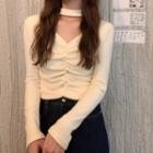 Long-sleeve Mock-neck V-neck Knit Top