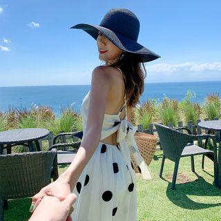 Dotted Tie-neck Spaghetti Strap Midi A-line Dress
