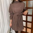 Turtle-neck Ribbed Dress With Sash