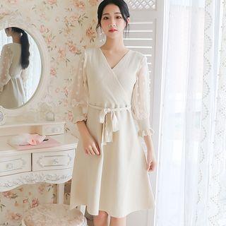 Dotted Elbow-sleeve Knit A-line Dress
