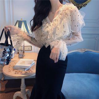 Ruffle-trim Dotted Mesh Blouse / Camisole Top / Midi Mermaid Skirt / Set