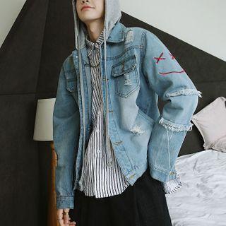 Smiley Face Embroidered Hooded Denim Jacket