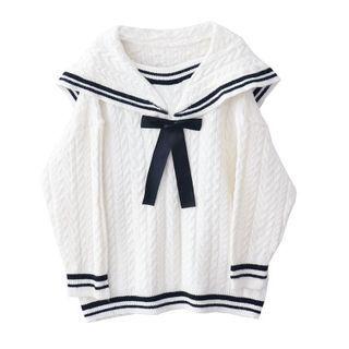 Sailor Collar Bow Cable Knit Sweater Milky White - One Size