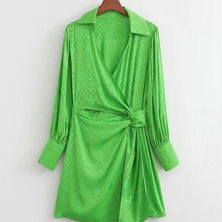 Long-sleeve V-neck Tie-waist Print Mini A-line Dress