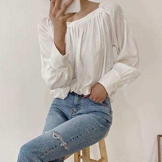 Off-shoulder Shirred Blouse With Tie