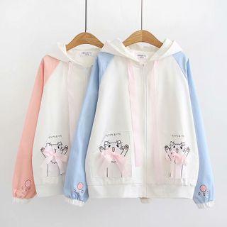 Cat Print Zip-up Hoodie