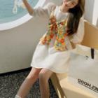 Elbow-sleeve Plain Mini Dress / Bow Floral Print Camisole Top / Set
