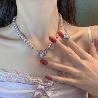 Heart Faux Pearl Pendant Asymmetrical Choker Purple - One Size
