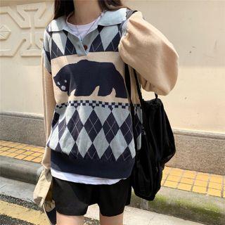 Bear Print Polo-neck Sweater As Shown In Figure - One Size