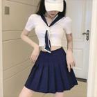 Short-sleeve Sailor Collar Cropped T-shirt / Mini Pleated Skirt / Set