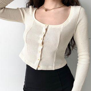 Long-sleeve U-neck Cut-out Waffle Plaid Knit Top