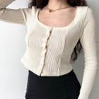 Long-sleeve U-neck Cut-out Waffle Plaid Knit Top