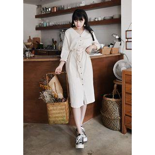 V-neck Boxy Midi Shirtdress With Sash