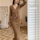 Set: Fluffy Trim Cardigan + Midi Pencil Skirt