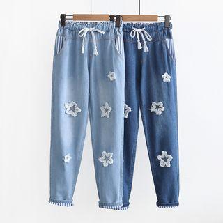 Drawstring Washed Paneled Slim-fit Jeans