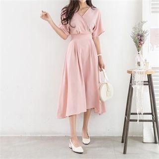 Wrap-front Smocked Long Dress