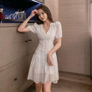 Short-sleeve Eyelet Lace A-line Mini Dress