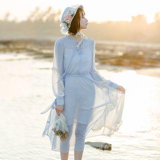 Set: Check Long-sleeve A-line Chiffon Dress + Slipdress