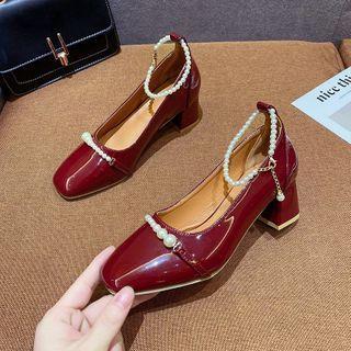 Block Heel Faux Pearl Square Toe Pumps