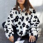 Long Sleeve Floral Print Furry Loose-fit Sweatshirt