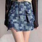 Color Block Asymmetric Denim Mini Fitted Skirt