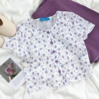 Short-sleeve Floral Printed Top Purple - One Size