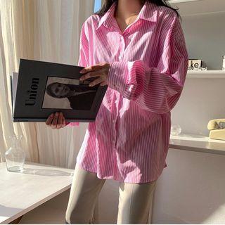 Long-sleeve Oversized Striped Shirt Stripes - Pink - One Size