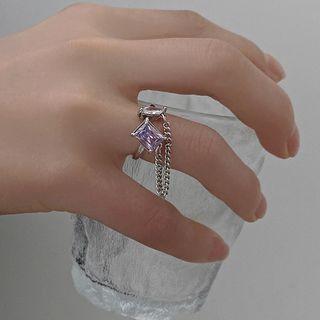 Rhinestone Chained Open Ring Purple Rhinestone - Silver - One Size