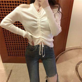 Long-sleeve Cold-shoulder Drawstring Knit Top