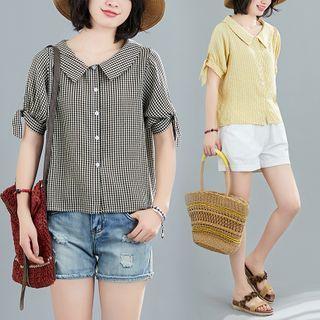 Short-sleeve Tie-cuff Gingham Peplum Blouse