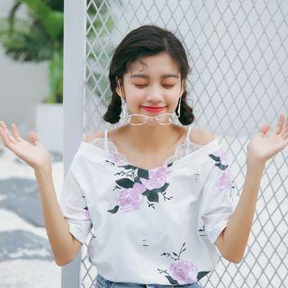 Floral Print Off-shoulder Spaghetti Strap Short-sleeve T-shirt