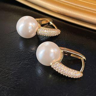 Rhinestone Faux Pearl Hoop Earring C-899 - 1 Pair - Gold & White - One Size