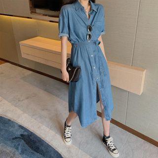 Short-sleeve Midi A-line Denim Shirt Dress