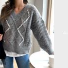 V-neck Boxy Cable Sweater Gray - One Size