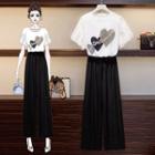 Set: Heart Print T-shirt + Wide Leg Pants