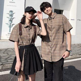 Couple Matching Short-sleeve Plaid Shirt / Mini A-line Skirt / Straight Leg Pants / Set