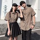 Couple Matching Short-sleeve Plaid Shirt / Mini A-line Skirt / Straight Leg Pants / Set