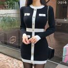 Long-sleeve Mini Sheath Knit Dress Black & White - One Size