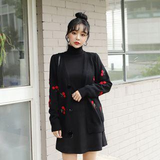 V-neck Cherry Knit Cardigan Black - One Size