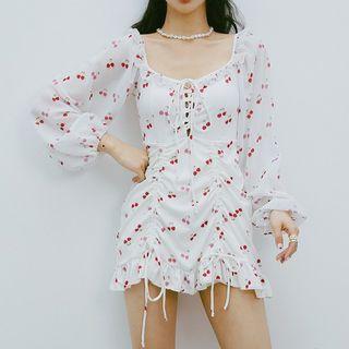 Balloon-sleeve Cherry Print Swim Dress