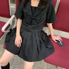 Set: Sailor Collar Short-sleeve T-shirt + Pleated Skirt