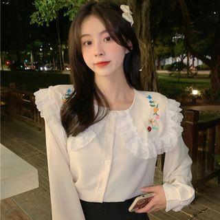 Long-sleeve Peter Pan-collar Flower Embroidered Shirt