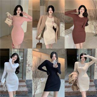Long-sleeve Plain Ribbed Slim-fit Dress