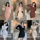 Long-sleeve Plain Ribbed Slim-fit Dress