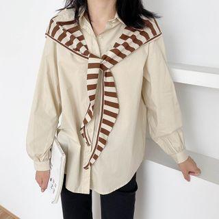 Set: Long-sleeve Plain Shirt + Striped Shawl