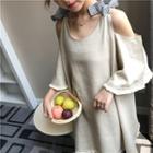 3/4-sleeve Bow-accent Off-shoulder Fringed Linen A-line Dress